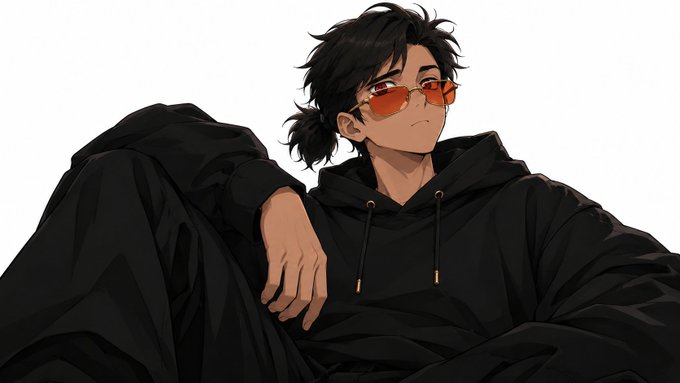 An anime-style illustration of a young man with messy dark hair wearing red/orange sunglasses and a black hoodie, posed casually against a white background.