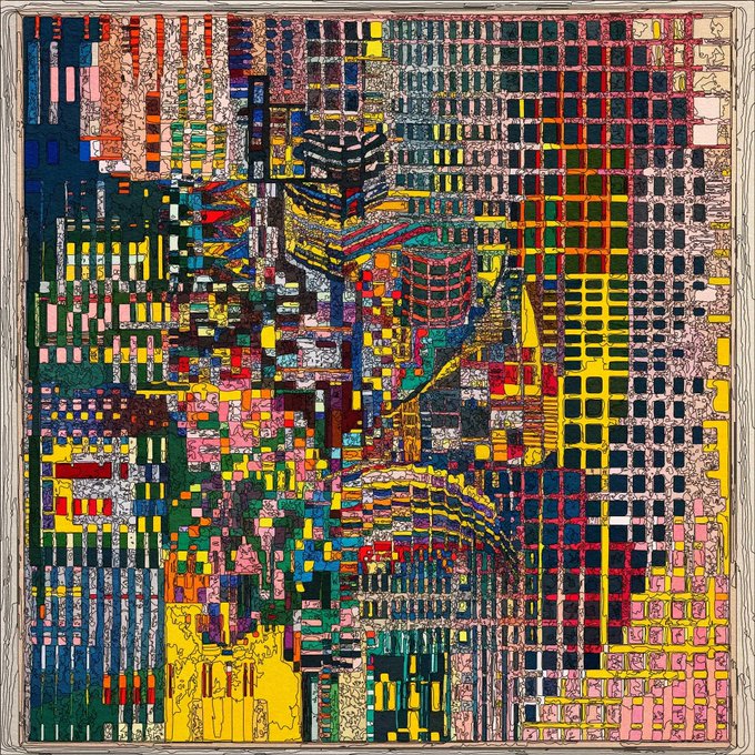 A vibrant, abstract digital artwork titled "Latent Ink #113" by Eko3316 features a dense grid of multicolored rectangular blocks resembling a colorful cityscape or woven textile, with intricate line details and textures overlaid throughout. The piece showcases the artist's characteristic style of combining geometric patterns with organic, sketch-like linework to create depth and complexity within a structured framework.