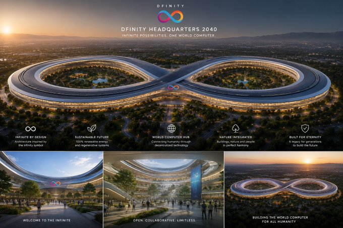 The image is a promotional poster for an event named 'DFINITY Headquarters 2020'. It portrays a digital design of an infinity loop with a large sun symbol at its center located within a cityscape, surrounded by buildings and trees. The sun symbolizes a connection between all individuals or entities within the organization represented by DFINITY. This grand symbol also serves as a beacon for those who wish to join or learn about the company's vision and goals. The poster promotes an idea of bringing together diverse talents and ideas in a collaborative, long-lasting workspace designed for the future generations.