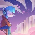 A colorful anime-style illustration of a blue-haired character with headphones and a scarf standing against a pink and purple background.