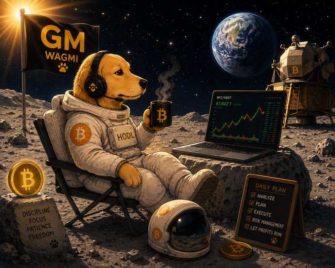Crypto-themed AI artwork showing a Shiba Inu dog in an astronaut suit sitting on the moon with a 'GM WAGMI' flag, drinking Bitcoin coffee, and trading on a laptop, featuring a 'DAILY PLAN' checklist.
