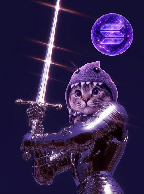 A cat dressed in knight's armor wields a glowing sword beneath a purple galaxy orb featuring the Solana logo, symbolizing resilience and steadfastness. The image visually reinforces the post's message about "Shark Cat" refusing to migrate contracts, portraying the meme as an unwavering warrior committed to its legacy market despite external liquidity shifts.