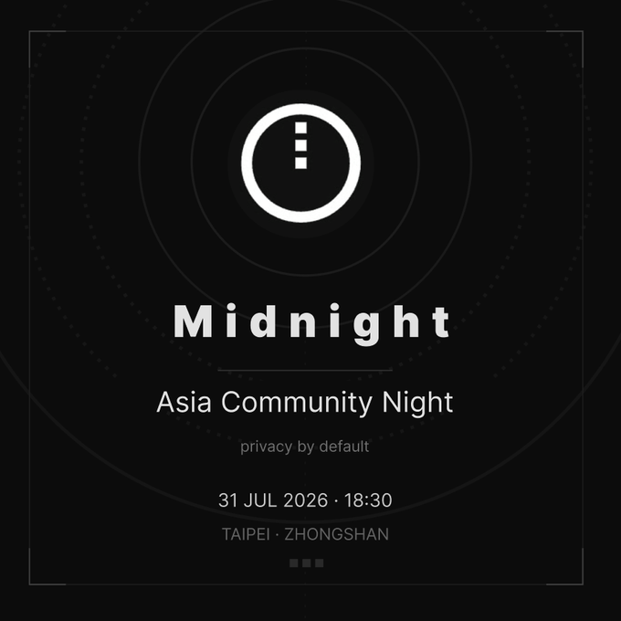 A minimalist event poster for 'Midnight — Asia Community Night' dated 31 JUL 2026 at 18:30 in TAIPEI · ZHONGSHAN, featuring an info icon and the tagline 'privacy by default'.