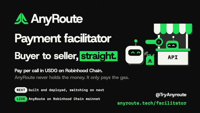 A promotional graphic for 'AnyRoute' payment facilitator advertising 'Pay per call in USDG on Robinhood Chain' with the tagline 'Buyer to seller, straight.' and the website anyroute.tech/facilitator.
