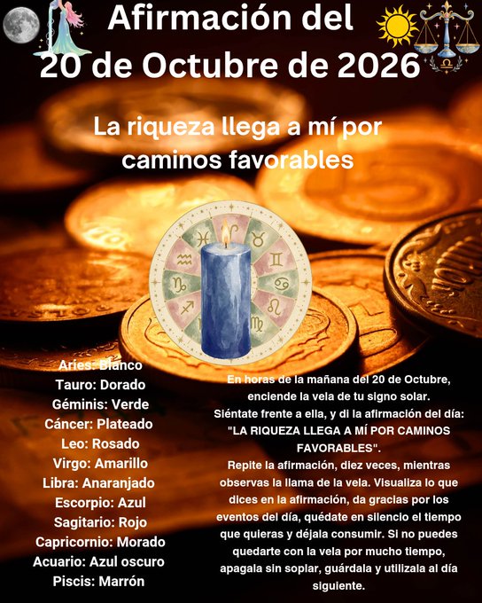Spanish-language affirmation graphic for October 20, 2026, titled 'Afirmación del 20 de Octubre de 2026' with the affirmation 'La riqueza llega a mí por caminos favorables,' a zodiac candle chart, and color assignments for each sign.