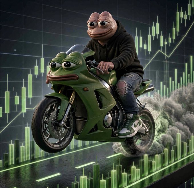 A surreal 3D rendering shows a figure wearing a Pepe the Frog mask and a black hoodie riding a green motorcycle that also has a Pepe face on its fairing, set against a backdrop of green stock market candlestick charts and bars.