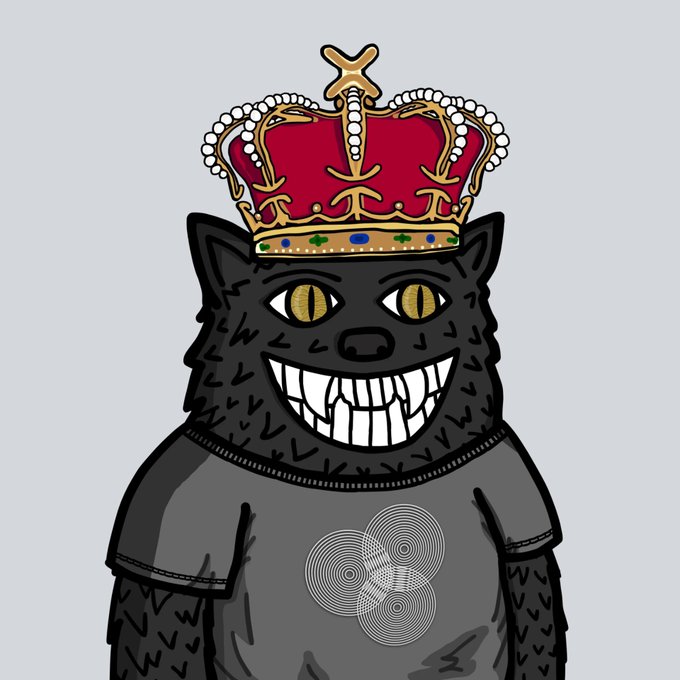 A cartoon illustration of a black wolf-like character with yellow eyes, wearing a gray t-shirt and an ornate red and gold crown, displaying a wide toothy grin.