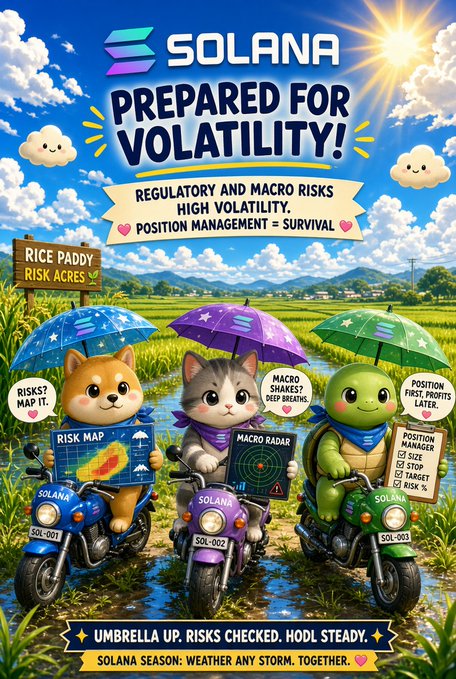 An illustrated promotional graphic titled 'SOLANA PREPARED FOR VOLATILITY!' featuring cartoon cats and a turtle riding motorcycles with umbrellas, holding signs like 'RISK MAP IT' and 'MACRO SHAKES? DEEP BREATHS.'