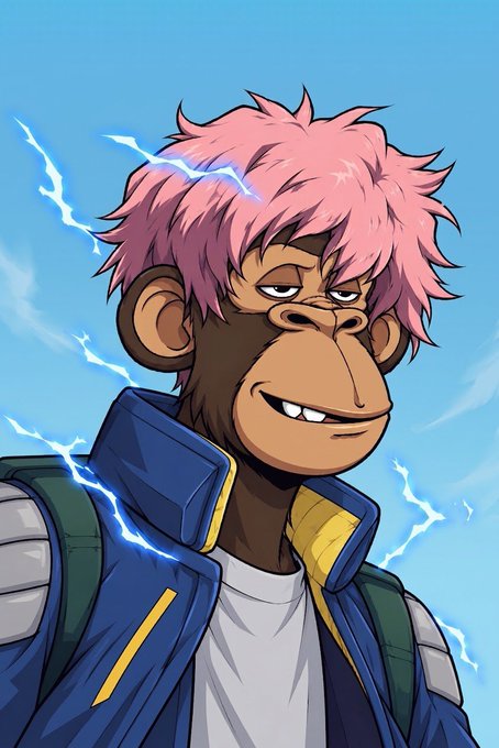 An anime-style illustration features a monkey character with pink spiky hair, a mischievous grin, and a blue jacket, surrounded by blue lightning bolts against a sky background.