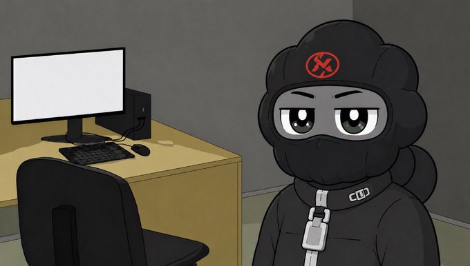 An animated character in a black tactical outfit with a face mask and helmet featuring a red logo, standing in a room with a computer desk setup behind them.