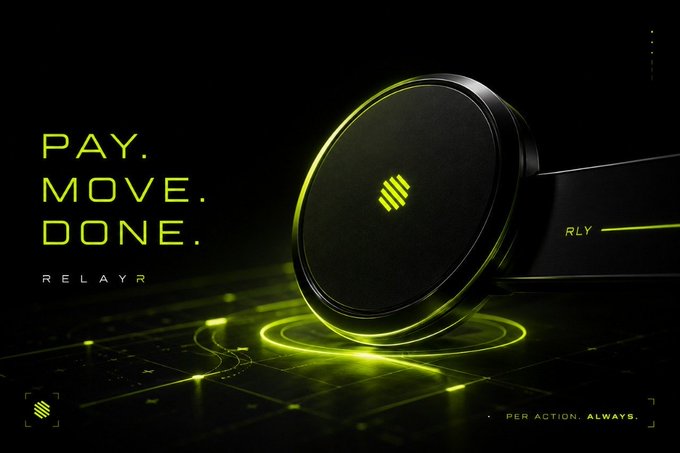 A sleek dark promotional image for Relayr showing a circular black and neon-green device with the tagline 'PAY. MOVE. DONE. RELAYR' and 'PER ACTION. ALWAYS.'