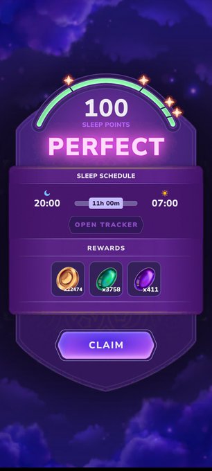 A mobile game sleep tracking screen displays '100 SLEEP POINTS' and 'PERFECT' with a sleep schedule of 20:00 to 07:00, showing 11h 00m sleep duration alongside rewards of x2474 coins, x3758 green gems, and x411 purple gems above a CLAIM button.