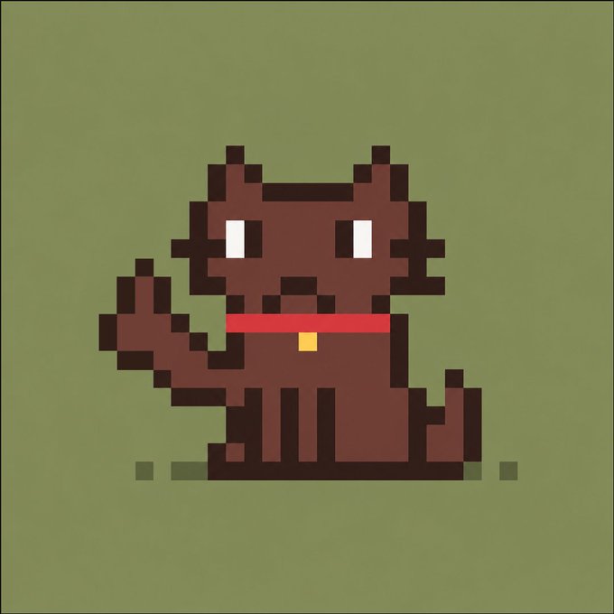 A pixel art image of a brown cat-like creature with white eyes and a red collar sitting on a green background.