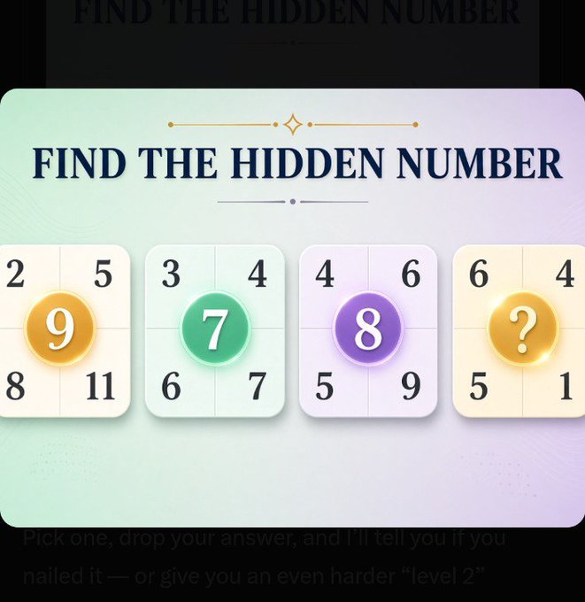 A puzzle graphic titled 'FIND THE HIDDEN NUMBER' featuring four cards, each with a colored center number (9, 7, 8) surrounded by corner numbers. The fourth card has a question mark instead of a number, and text at the bottom challenges the viewer to pick an answer for a 'level 2'.