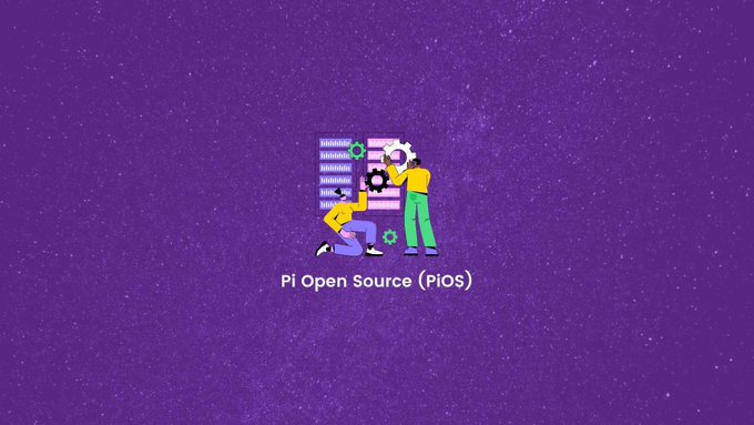 The image shows a purple starry background featuring an illustration of two stylized figures working together on a large gear/document, with the text "Pi Open Source (PiOS)" below, visually representing Pi Network's open-source community development initiative from May 2023 mentioned in the post.