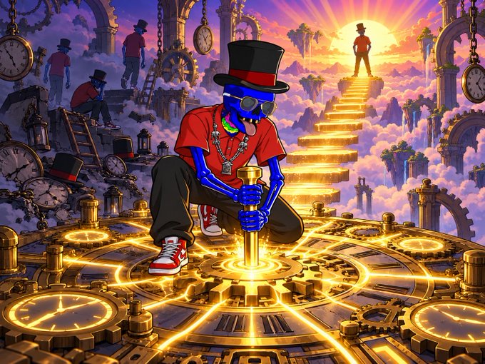 A blue-skinned figure in a top hat, sunglasses, red shirt, gold chain, and red sneakers crouches holding a cane atop an intricate golden clockwork platform, with stairs ascending to a sunset in the background.