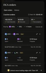 A mobile screenshot of a 'DCA orders' crypto trading interface displays open orders for USDC, SOL, and USDC pairs, with a footer noting 'orders mean trading edge with Titan XRP'.