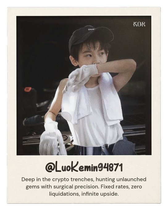 A young boy wearing a black cap and white shirt poses with gloved hands, displayed in a Polaroid-style frame labeled "KOR" with the handle "@LuoKemin94871" and a caption about crypto trading. The "KOR" label and handle tie the image to the accompanying post discussing the KOR ID mint, while the boy's serious, contemplative expression visually echoes the post's tone about irreversible identity decisions and "opportunity cost."
