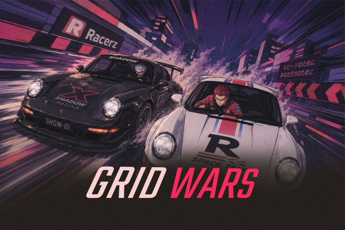 The image features a poster or advertisement for a racing game called "Grid Wars". It showcases two sports cars, one black and one white, driving through a city street with buildings and signs in the background. The poster also includes text that reads "Welcome to Grid Wars" and "The battle for grid supremacy starts now", indicating that this is an exciting new game release focused on racing and strategy within the world of grid computing.
