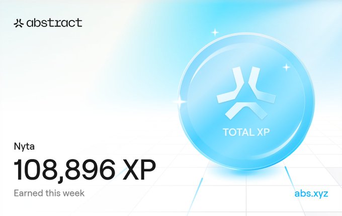 A digital badge or achievement card from "abstract" displays the username "Nyta" with a total of "108,896 XP" earned this week, alongside a blue sphere marked "TOTAL XP" and the URL abs.xyz.