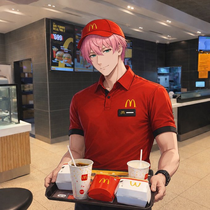 The image features a man wearing a red shirt and a McDonald's uniform, standing in front of a McDonald's restaurant with two trays of food in his hands. The trays contain two sandwiches and two drinks. The background shows a McDonald's restaurant interior with various posters on the walls advertising their menu items.