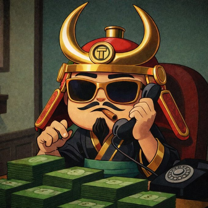 A cartoon samurai wearing a horned helmet with a "TT" emblem, sunglasses, and a cigar sits at a desk stacked with bundles of cash while talking on a rotary phone, matching the post's theme of trenchers seizing power to dominate the $GAMBLE throne.