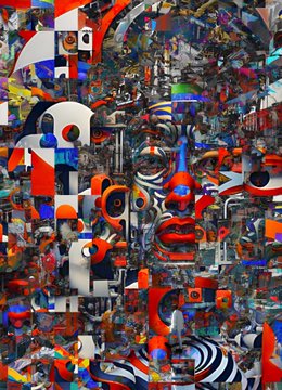 An abstract, psychedelic digital artwork featuring a central face composed of fragmented geometric shapes, eyes, and vibrant colors (red, blue, white, orange) in a chaotic, glitch-art style.