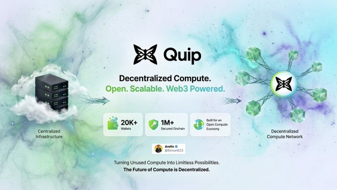 The image shows a poster or advertisement for Quip that promotes a decentralized computing solution called "decentralized compute" using black text on white background. The poster also highlights "open, scalable, web3 powered" features of the computing platform, which may be appealing to those looking for secure and efficient ways to process transactions. There is no specific information about the current year in this image.