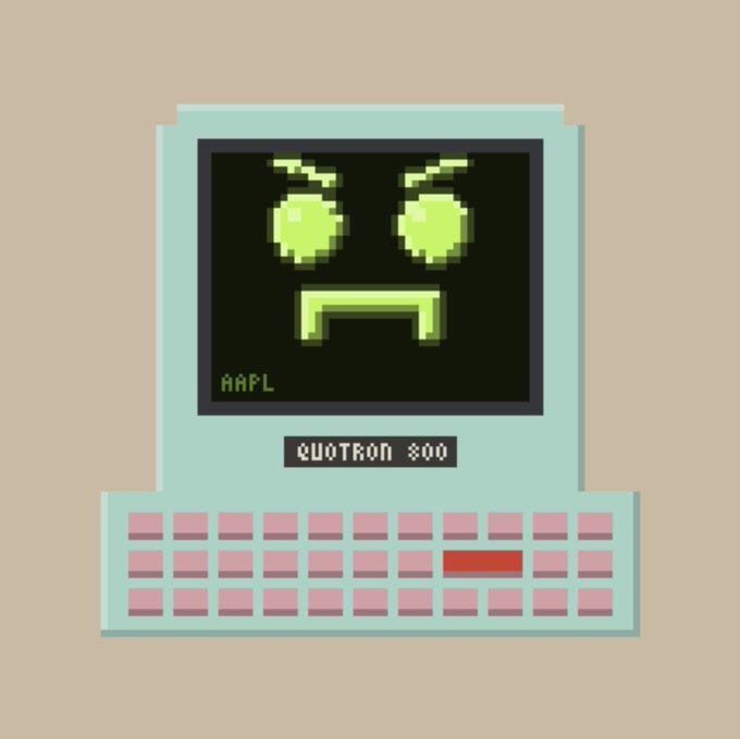 A pixel art illustration of a teal retro computer labeled 'QUOTRON 800' with a black screen displaying a sad face made of green pixelated eyes and a frowning mouth, with 'AAFL' written below.