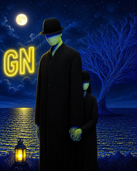 A stylized digital illustration of two figures in black coats and hats with glowing green neon facial lines, standing by water under a moonlit sky next to a 'GN' neon sign.