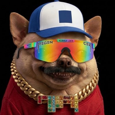A humorous edited photo of a Shiba Inu dog wearing a blue and white trucker hat, rainbow reflective sunglasses with 'HUAHUA LOCS' text, a gold chain, and a red shirt with 'HYPE' jeweled lettering.