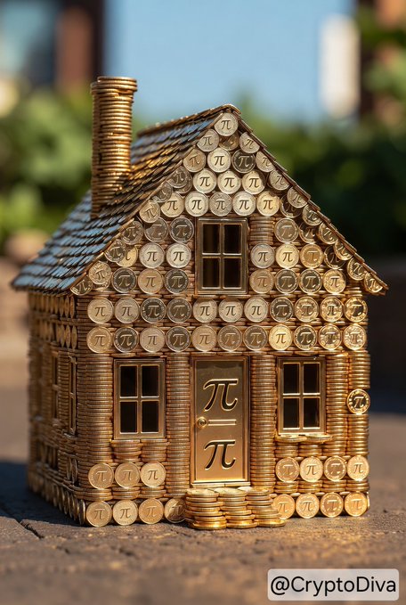 A miniature house crafted from gold Pi Network coins, featuring a chimney and windows with the π symbol displayed on the door, symbolizes the growing integration of Pi cryptocurrency into mainstream finance. The watermark "@CryptoDiva" appears in the bottom right corner, tying the visual metaphor to the post about banks like Sber adopting crypto as collateral.