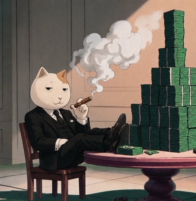 A confident cat in a sharp suit smokes a cigar with feet propped on a table beside towering stacks of cash, exuding a smug, wealthy demeanor that perfectly embodies the "TOPKET" vibe of success and dominance.