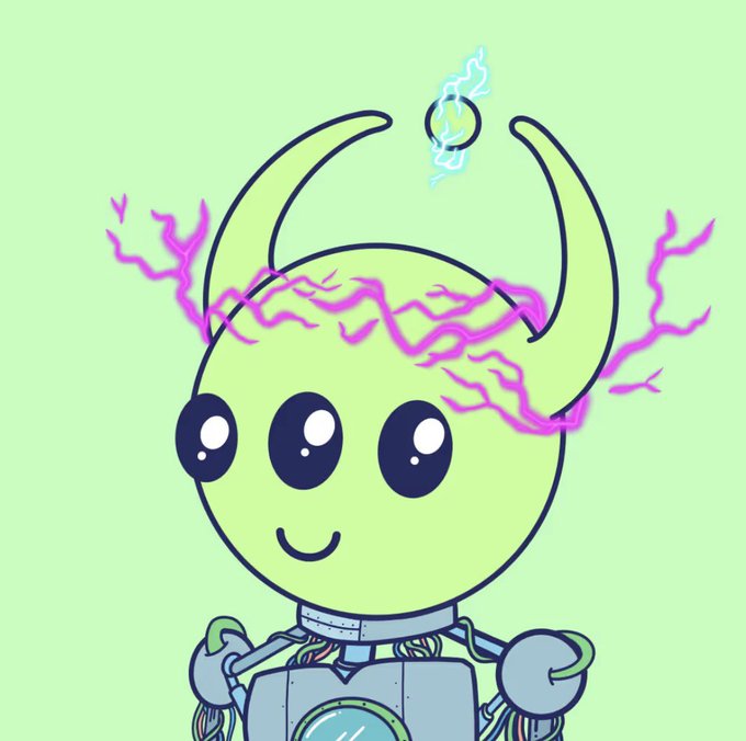 A cute cartoon illustration of a round, green, three-eyed robot with antennae, surrounded by pink lightning bolts on a light green background.