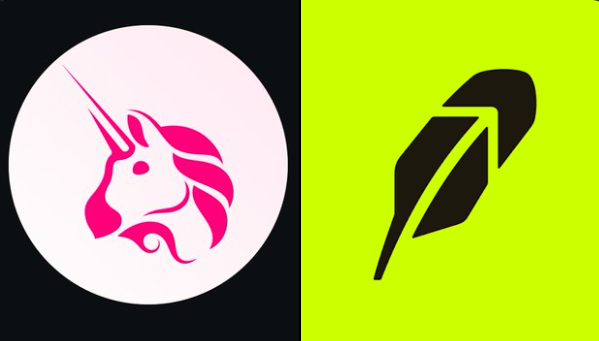 The image features a side-by-side comparison of two crypto brand logos: the pink unicorn mascot of Uniswap (UNI) on a dark background and the feather logo of Robinhood on a bright neon green background. This visual pairs Uniswap with Robinhood Chain, illustrating the post's announcement that protocol fees—and subsequent buybacks and burns—are going live across Uniswap's deployment on the Robinhood Chain.