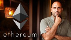 A promotional image featuring the Ethereum logo alongside a man in a green shirt posing thoughtfully with his hand on his chin.