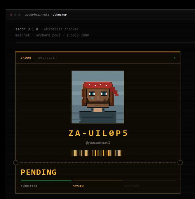 Terminal-styled interface for a 'zaddr' whitelist checker displaying a pixel art character with a red bandana under the username ZA-UIL0P5 (@yaasaamaan1), with a 'PENDING' status and progress bar.