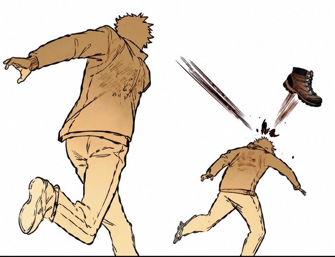 A two-panel sepia-toned manga-style drawing showing a person running on the left, and on the right, the same person being struck by a flying boot.