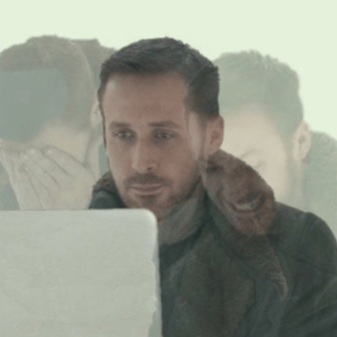 A stylized photo showing a contemplative man looking at a laptop screen, with faded reflections of other figures overlaid in the background.