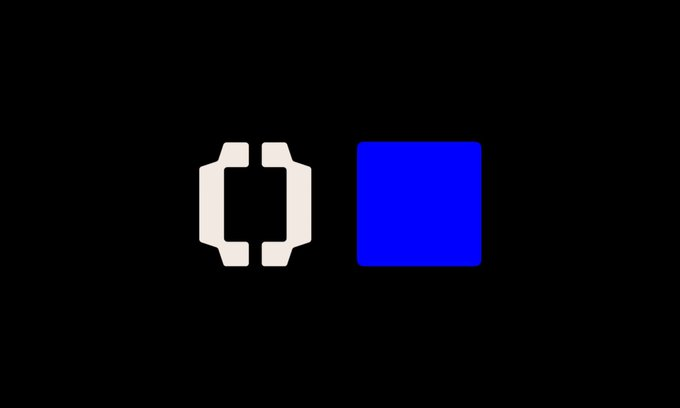 A minimalist logo design featuring white and blue geometric shapes that resemble stylized brackets or 'O' and square letters on a black background.