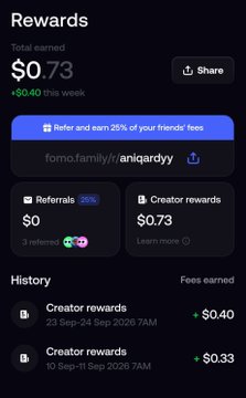 The image shows a Fomo rewards dashboard displaying a total earned amount of $0.73 (+$0.40 this week), with a referral link "fomo.family/r/aniqardyy" and history showing two "Creator rewards" entries of $0.40 and $0.33. It visually supports the post by showcasing the modest rewards the creator earned from their thesis-style video on the Fomo platform, illustrating the "decent" reward they mentioned while promoting their referral link to others.
