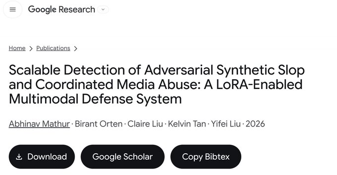 A Google Research publication page titled 'Scalable Detection of Adversarial Synthetic Slop and Coordinated Media Abuse: A LoRA-Enabled Multimodal Defense System' by Abhinav Mathur, Birant Orten, Claire Liu, Kelvin Tan, and Yifei Liu, 2026.