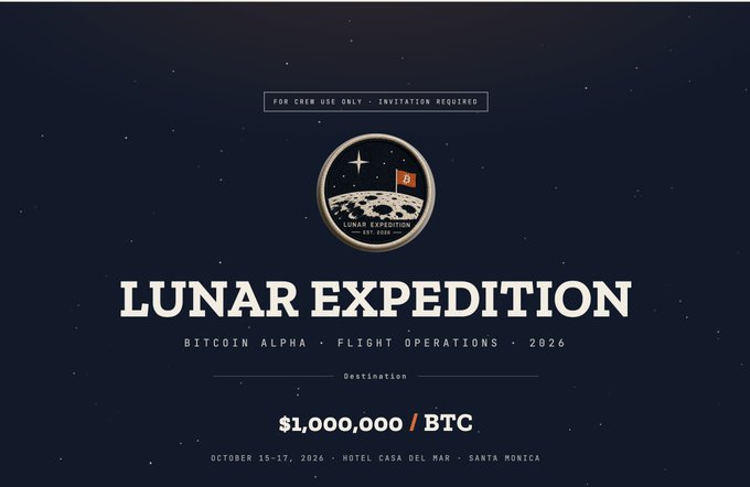 A dark promotional poster for a 'LUNAR EXPEDITION' event, styled like a Bitcoin conference flyer. It features a moon mission patch, 'BITCOIN ALPHA · FLIGHT OPERATIONS · 2026', a destination price of '$1,000,000 / BTC', and event details for 'OCTOBER 15-17, 2026 · HOTEL CASA DEL MAR · SANTA MONICA'.