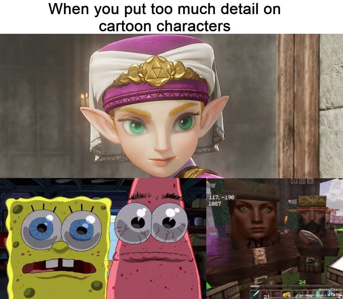 A meme titled "When you put too much detail on cartoon characters" showing realistic-looking versions of Princess Zelda, SpongeBob, Patrick Star, and Minecraft villagers.