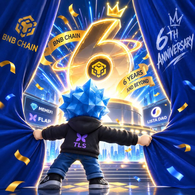 A vibrant promotional graphic featuring a character with blue crystalline hair in a 'TLS' hoodie pulling back curtains to reveal a 'BNB CHAIN 6TH ANNIVERSARY' celebration with '6 YEARS AND BEYOND' text.