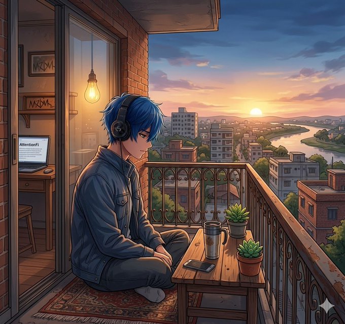 The image features a young man sitting at a table with headphones on his ears while looking out onto a balcony overlooking a cityscape. The man appears to be enjoying some music or a podcast, possibly taking a break from work or just relaxing. There are two potted plants nearby and a cup placed on the table. 

The image also includes text that reads "Taking a quick balcony break, listening to some lo-fi, and tracking the future of AttentionFi". This suggests that the man is not only enjoying his time outside but also keeping up with the latest trends in cryptocurrency or technology. The post seems to be promoting an interest in both music and digital assets, possibly highlighting how people can combine their hobbies and interests in various aspects of life.