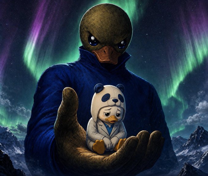 A digital illustration of a stern-looking duck-headed figure in a dark blue hooded robe cradling a sad, small duckling wearing a panda hoodie, set against a dramatic background of green and purple aurora borealis over snowy mountains.