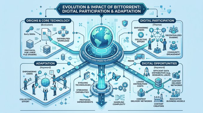 The image features a large blue diagram that illustrates the evolution of BitTorrent, a peer-to-peer file sharing system. The diagram shows various stages of development and adaptation over time, with different elements representing people or technology. The diagram also includes text that connects the concepts from the image to the post about digital participation in BitTorrent.