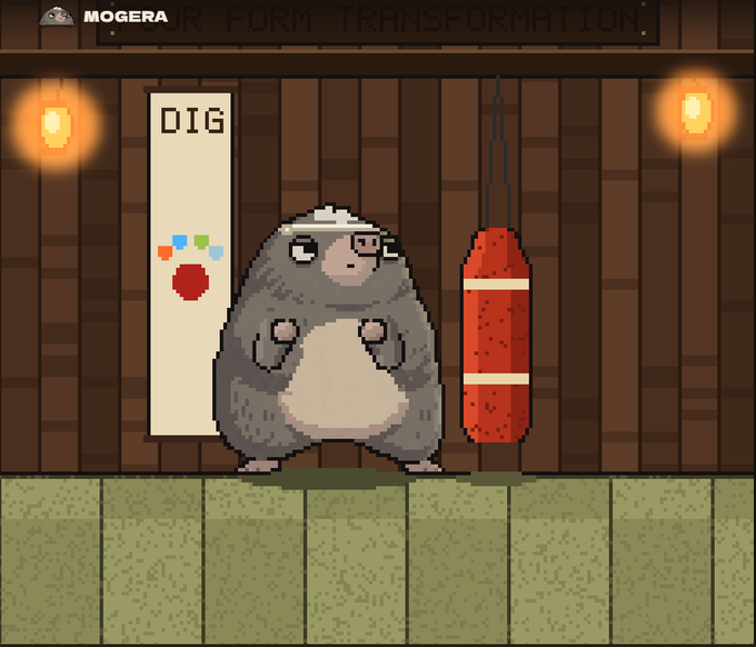 A pixel art scene featuring a round creature named 'MOGERA' standing next to a 'DIG' poster and a red punching bag in a wooden room.