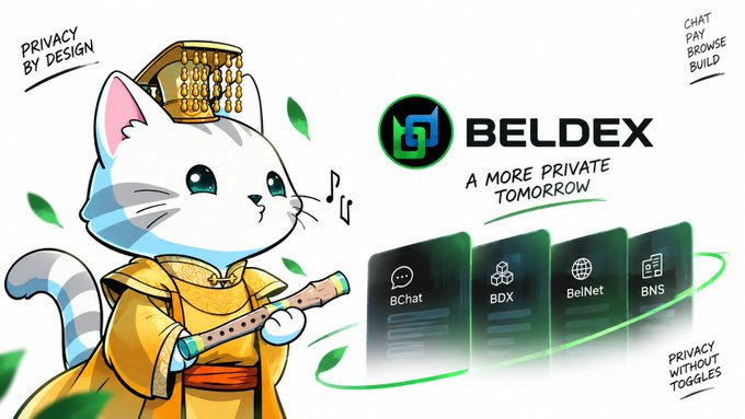 A promotional graphic for 'BELDEX - A MORE PRIVATE TOMORROW' featuring an illustrated cat wearing a golden robe and headdress, alongside product icons for BChat, BDX, BelNet, and BNS.